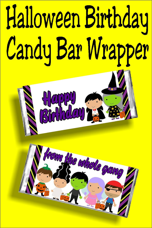 Wish your friend a Happy Halloween Birthday with this fun candy bar wrapper that doubles as a birthday card and birthday gift in one.  This candy bar wrapper has a white background with a purple, orange, black, green, and yellow striped border on front and back.  Front has two friends dressed up for Halloween with the greeting 