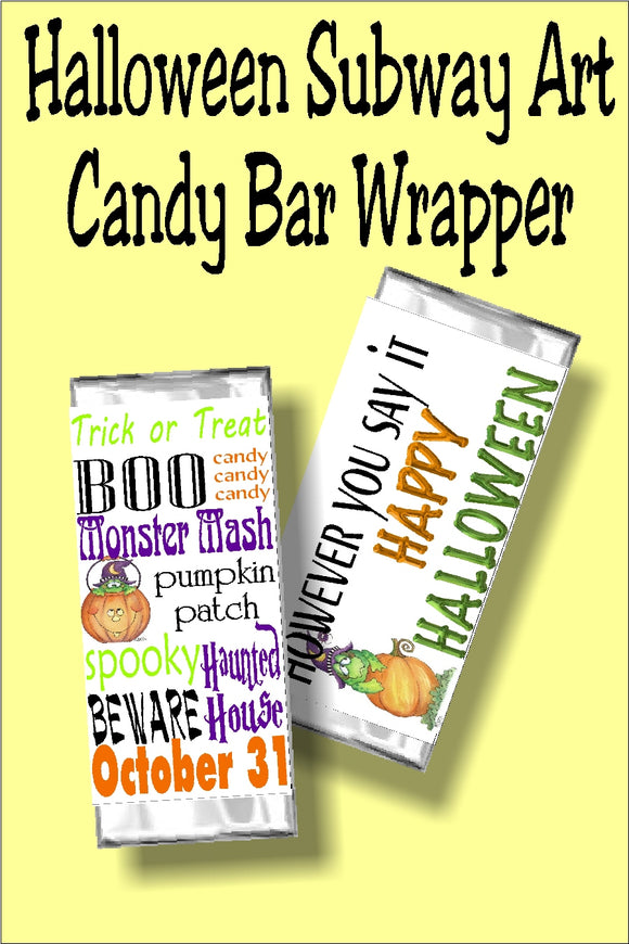 This Halloween candy bar wrapper is the perfect Halloween card and treat in one to give to your friends at your Halloween party.  With a cute subway art graphic, your friends and coworkers will love this party favor, treat, or gift. #subwayart #halloweenparty #halloweencandybarwrapper