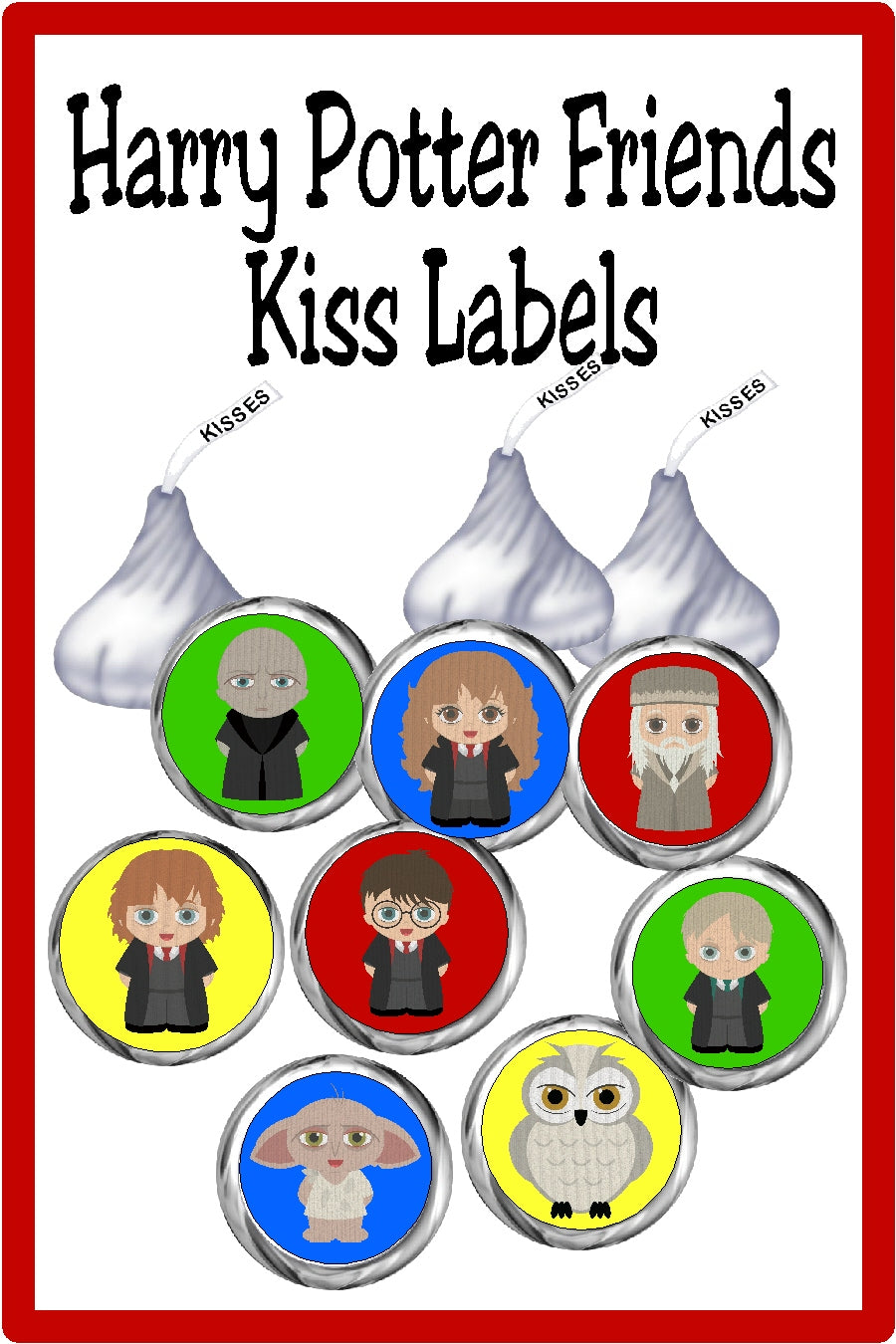 Bring all your favorite characters to your dessert table or party favors with these Harry Potter Kiss printable labels. These printable Kiss lables are the perfect addition to any Harry Potter party. Included in this set is Harry, Ron, Hermoine, Hedwig, Dobby, Voldermort, Dumbledore, and Malfoy