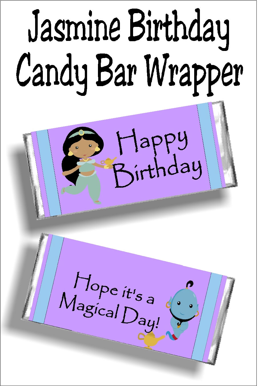 This Jasmine candy bar wrapper is the perfect birthday card and gift for your little princess. It's the perfect favor for a Jasmine or Aladdin party! Wrapper has a purple background with a purple and blue line border strip on both sides of the wrapper. On left of front of wrapper is a Jasmine and the maic lamp graphic. Sentiment reads "Happy Birthday". Back has a clip art of Genier and his lamp with the sentimenet "Hope it's a magical day"!" #aladdinparty #jasmineparty #candybarwrapper #birthdaycard