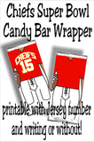 Cheer on your Chiefs to a sweet victory with this printable football jersey candy bar wrapper.  This candy treat is perfect for your Super Bowl party dessert table or as football party favors for your next team party.