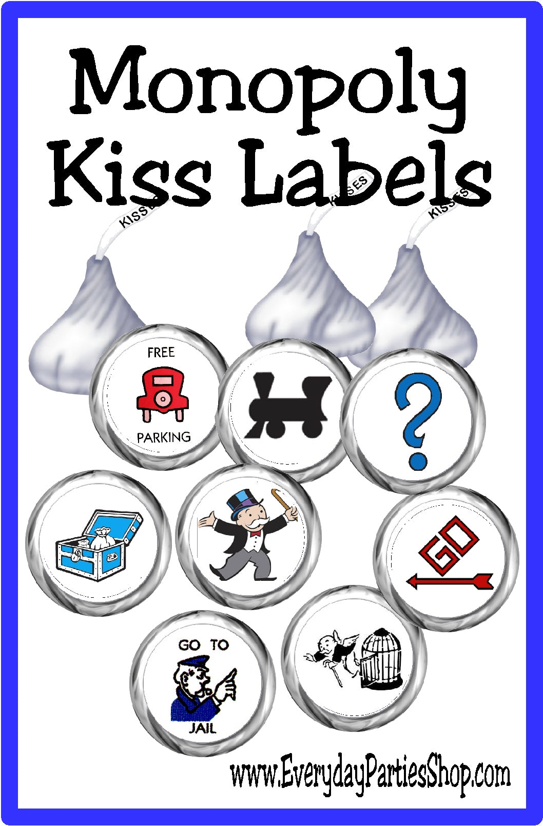 Play Monopoly with these yummy and cute Monopoly kiss label printables perfect for your Game Night party. #gamenight #kisslabels