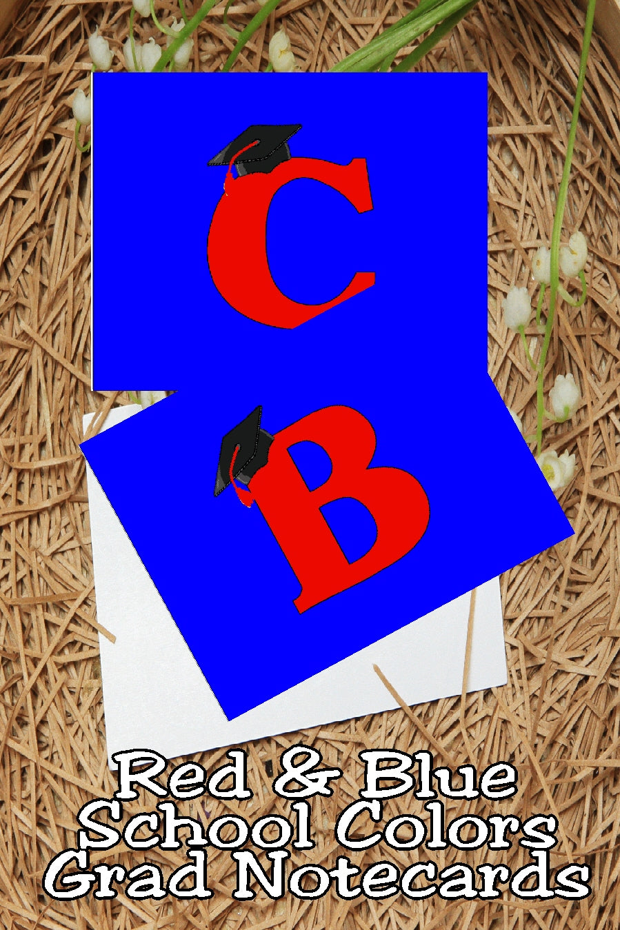 Blue and Red School Colors Monogram Graduation Printable Notecards