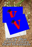 Blue and Red School Colors Monogram Graduation Printable Notecards
