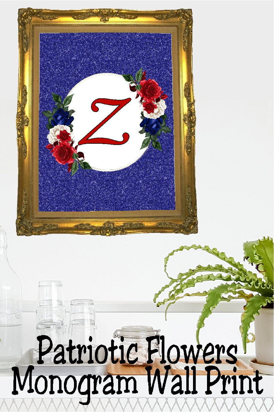 Patriotic Flowers Monogram Printable Wall Decor