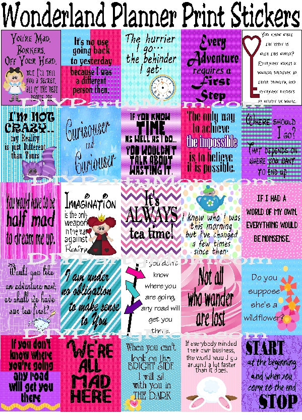Plan out your week with these Alice in Wonderland planner sticker printables. #plannerstickers #printableplanner #aliceinwonderland #wonderlandquotes