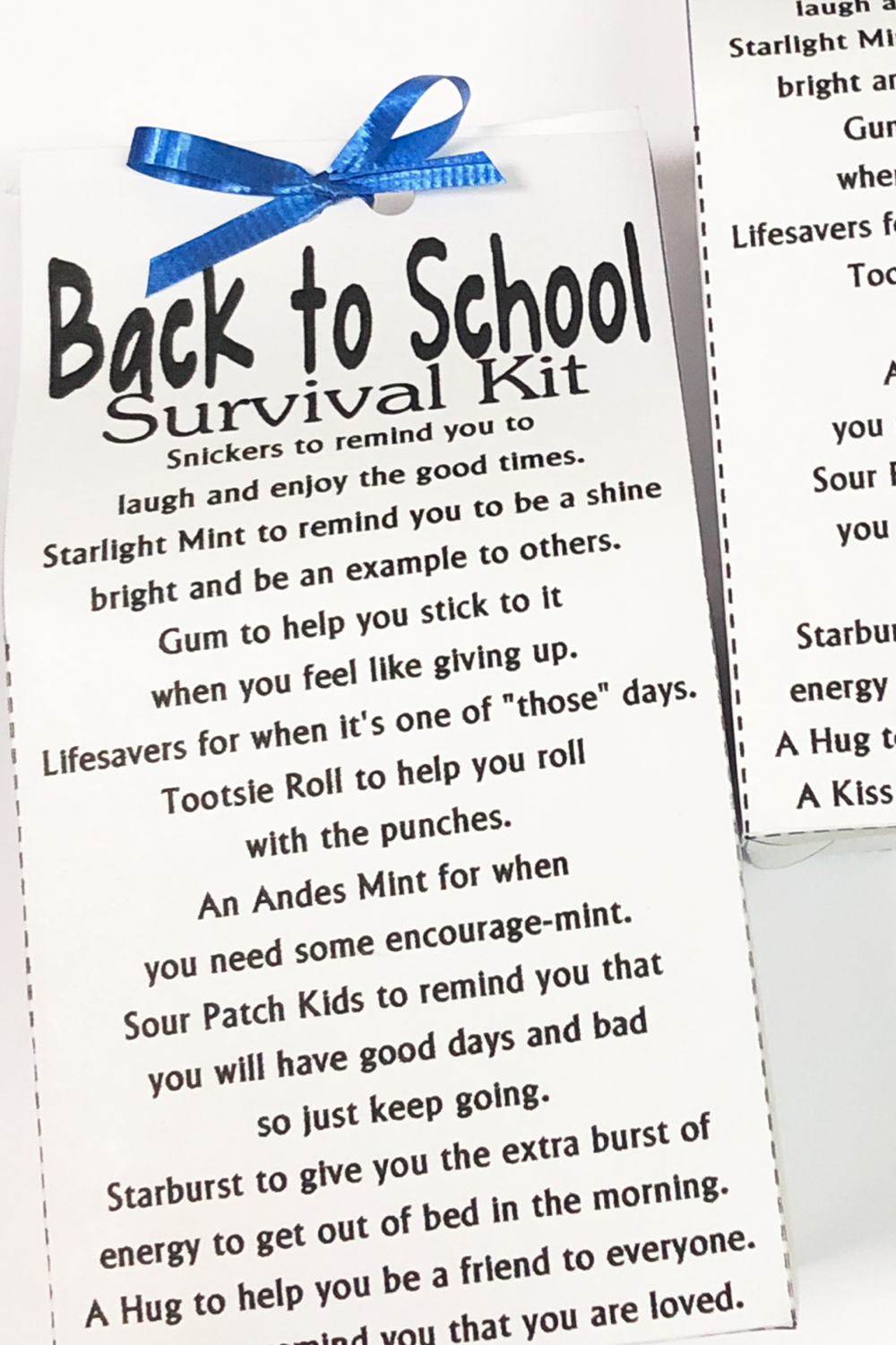 Welcome your students or send your kids back to school with this School survival kit perfect for a back to school party or the first day of class. This survival kit comes in an instant download printable or with an option for us to print and mail to you. (Just add your own candy for the perfect school treat.)