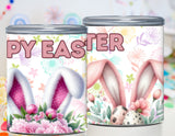 Two Easter-themed tins with bunny ears and floral designs on a colorful background.