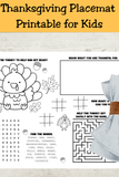 Thanksgiving Activity Placemats for Kids, Printable Thanksgiving Games, Kids Table Activities
