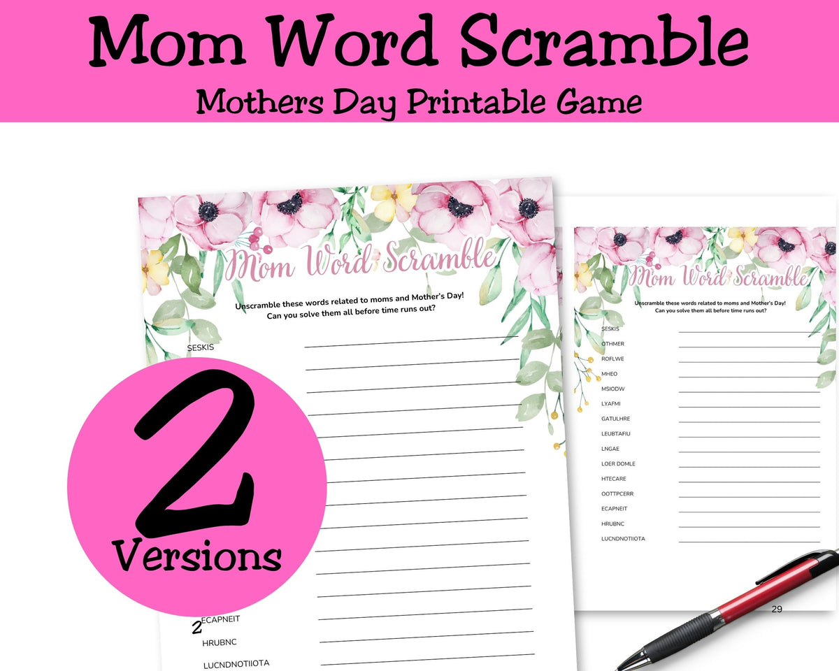 Mom Printable Games for Mothers Day or Pink Flower Baby Shower