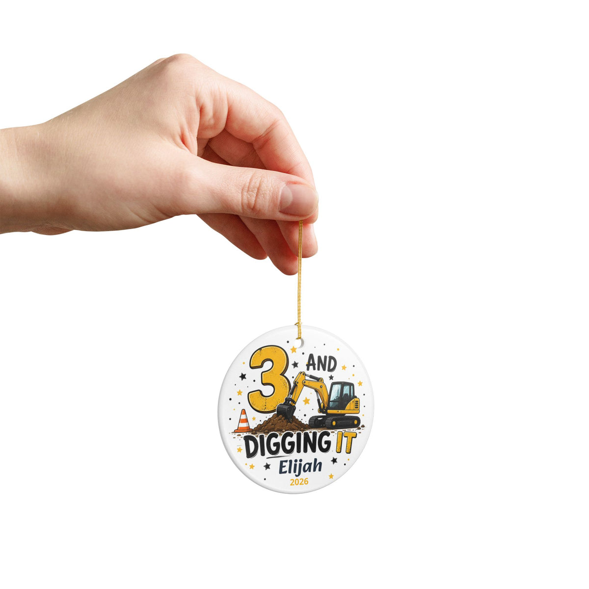 Personalized 3 And Digging It Ornament, 3rd Birthday Ornament, Construction Ornament, Excavator Birthday Gift, Third Birthday Keepsake