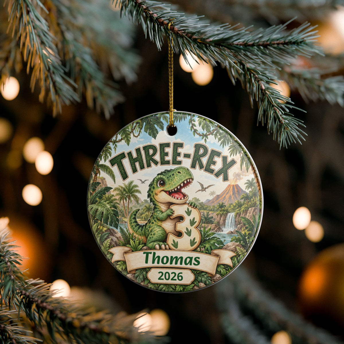 Personalized 3rd Birthday Ornament, Three Rex Dinosaur Christmas Ornament, Third Birthday Keepsake, Custom Name and Year Gift