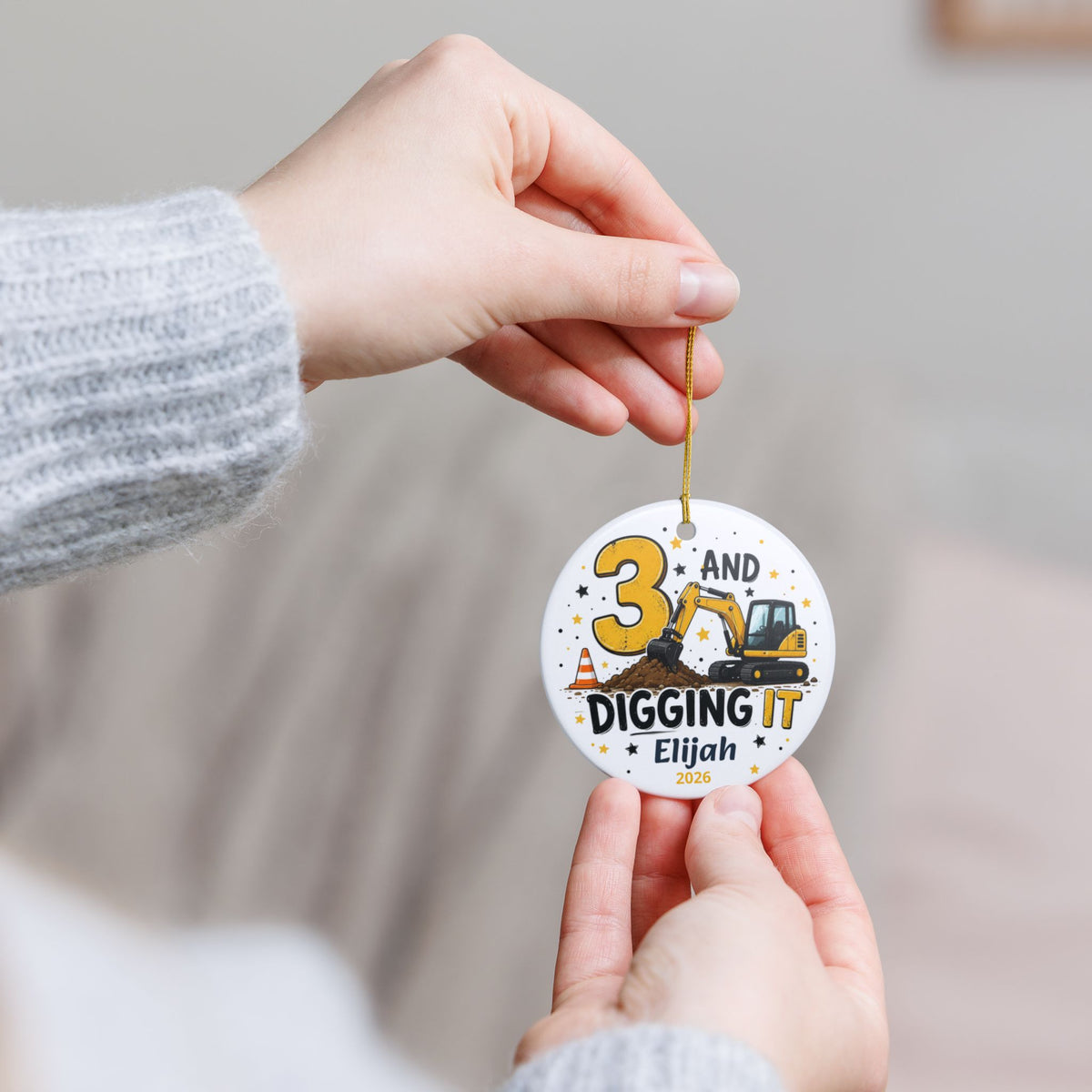 Personalized 3 And Digging It Ornament, 3rd Birthday Ornament, Construction Ornament, Excavator Birthday Gift, Third Birthday Keepsake