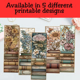 Five different floral and book-themed printable designs on a white background with a red banner at the top.