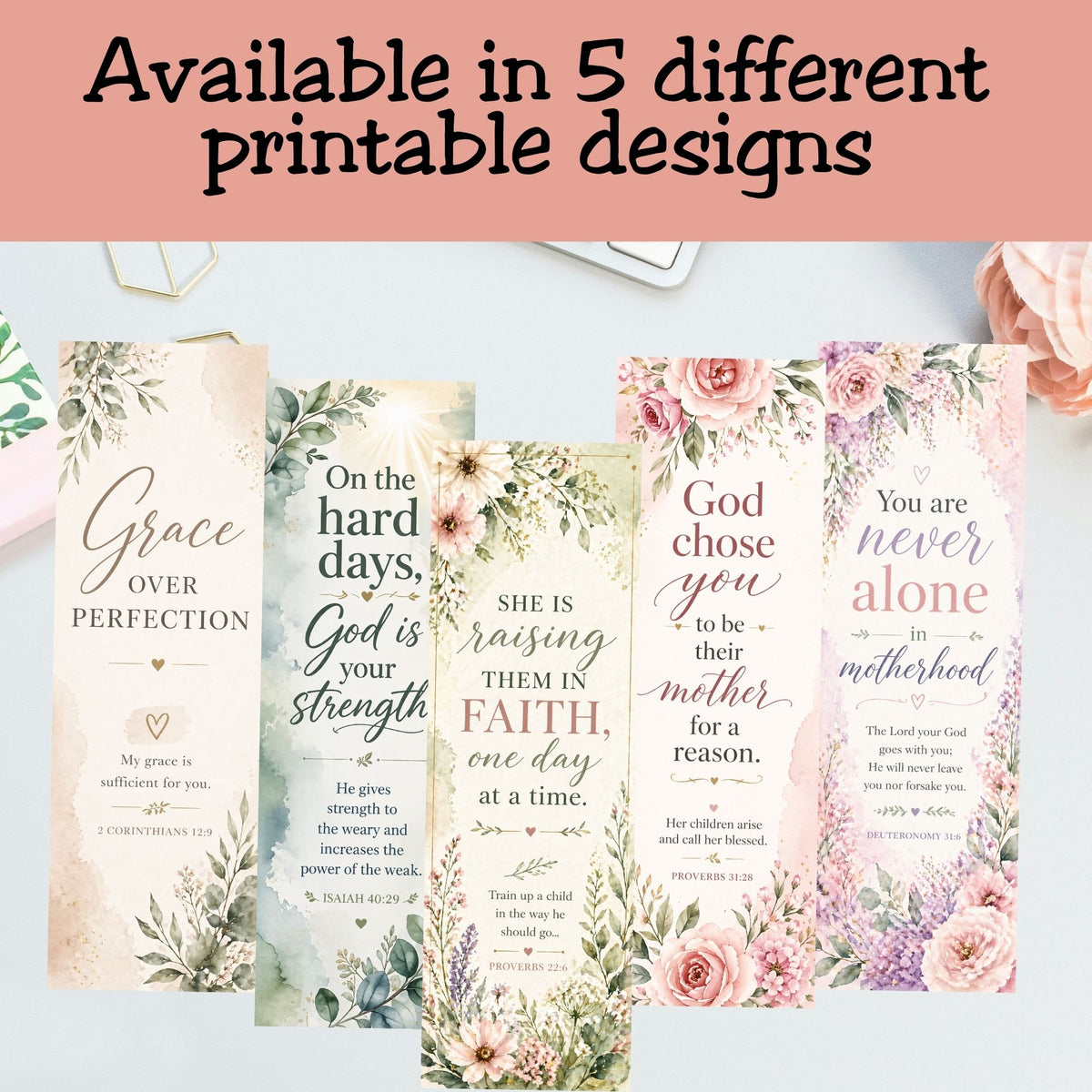Christian Motherhood Bookmark Set – Printable Bible Verse Bookmarks for Moms (Set of 5)