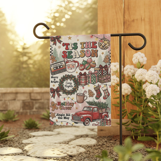Tis the Season Christmas Garden Flag, Retro Santa Red Truck Flag, Leopard Plaid Holiday Yard Decor, Vintage Christmas Outdoor Flag