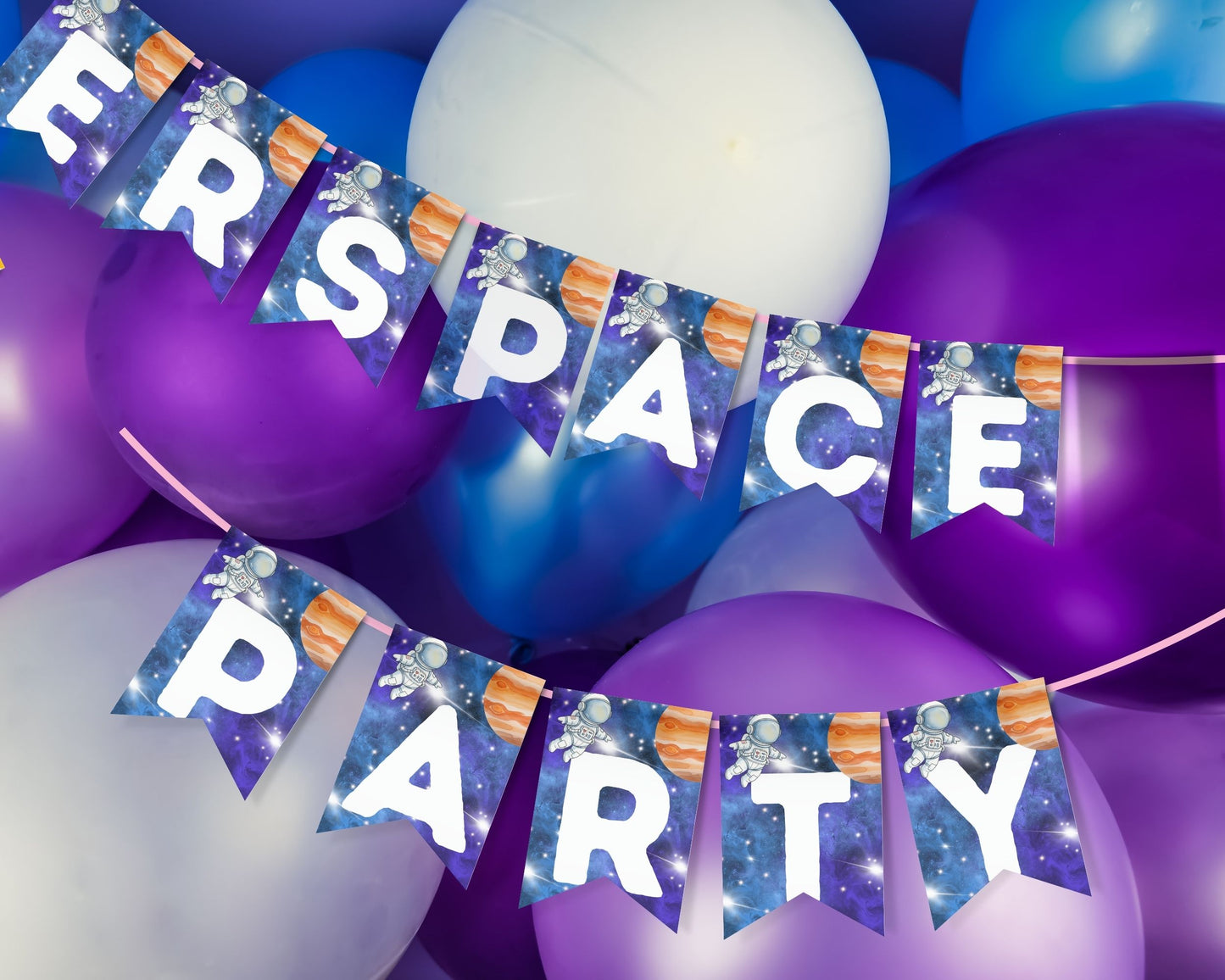 Space Alphabet Pennant Banner Set (A–Z + 0–9) – Astronaut Party Decor Printable