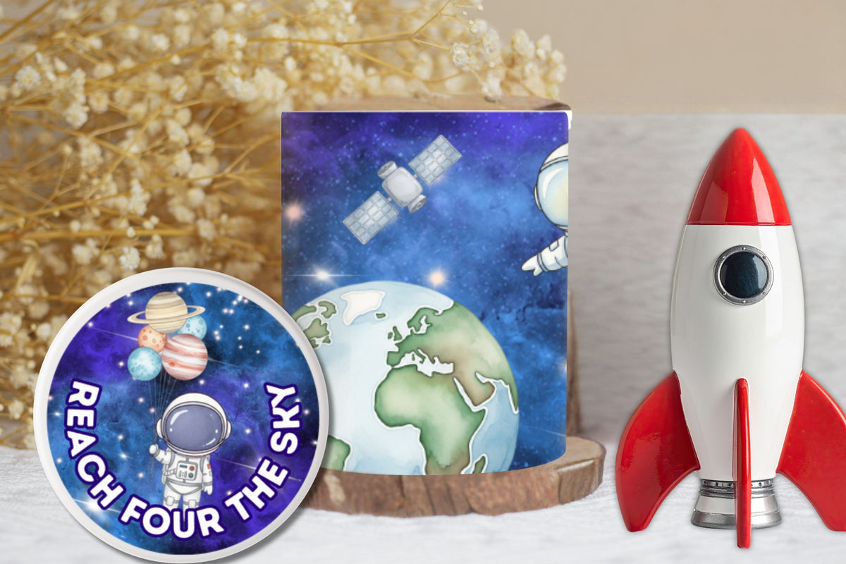 Space-themed items including a rocket model, planet Earth illustration, and 'Reach for the Sky' disc on a decorative surface.
