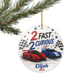 Two Fast Two Curious Ornament, Personalized 2nd Birthday Ornament, Race Car Birthday Keepsake, Boys Racing Birthday Gift, Name Year Ornament