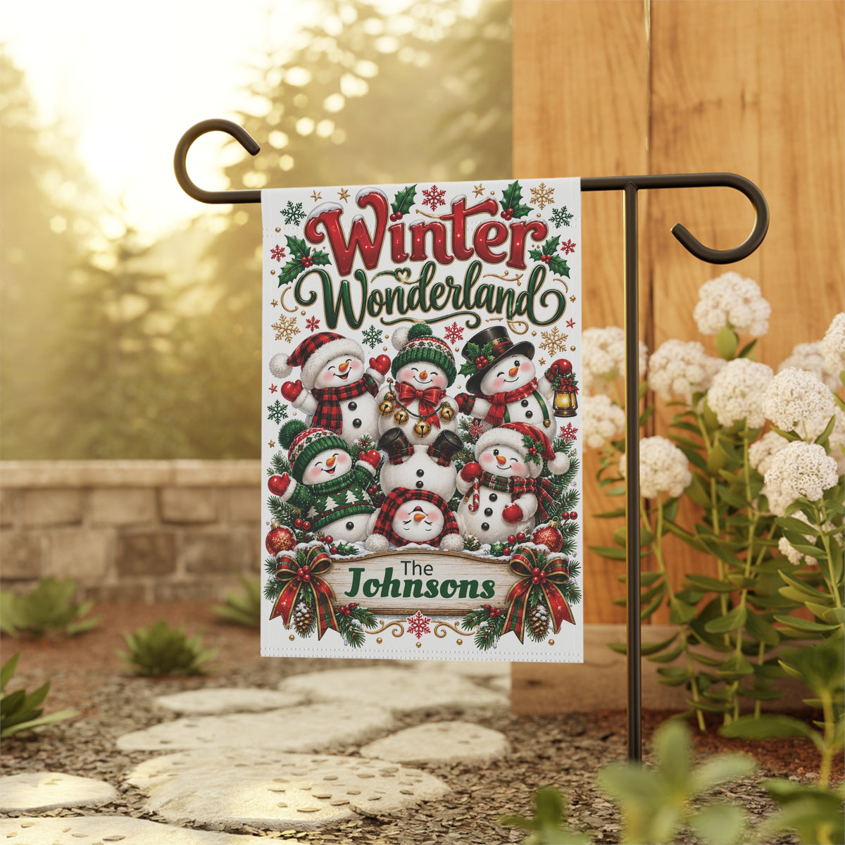 Personalized Christmas Garden Flag, Winter Wonderland Snowman Family Flag