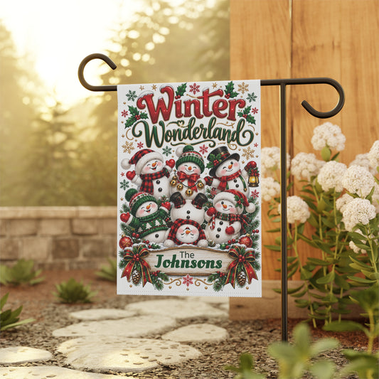 Personalized Christmas Garden Flag, Winter Wonderland Snowman Family Flag