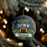 Personalized First Down Birthday Ornament, Football Birthday Keepsake, 1st Birthday Football Gift, Custom Name Year Christmas Ornament