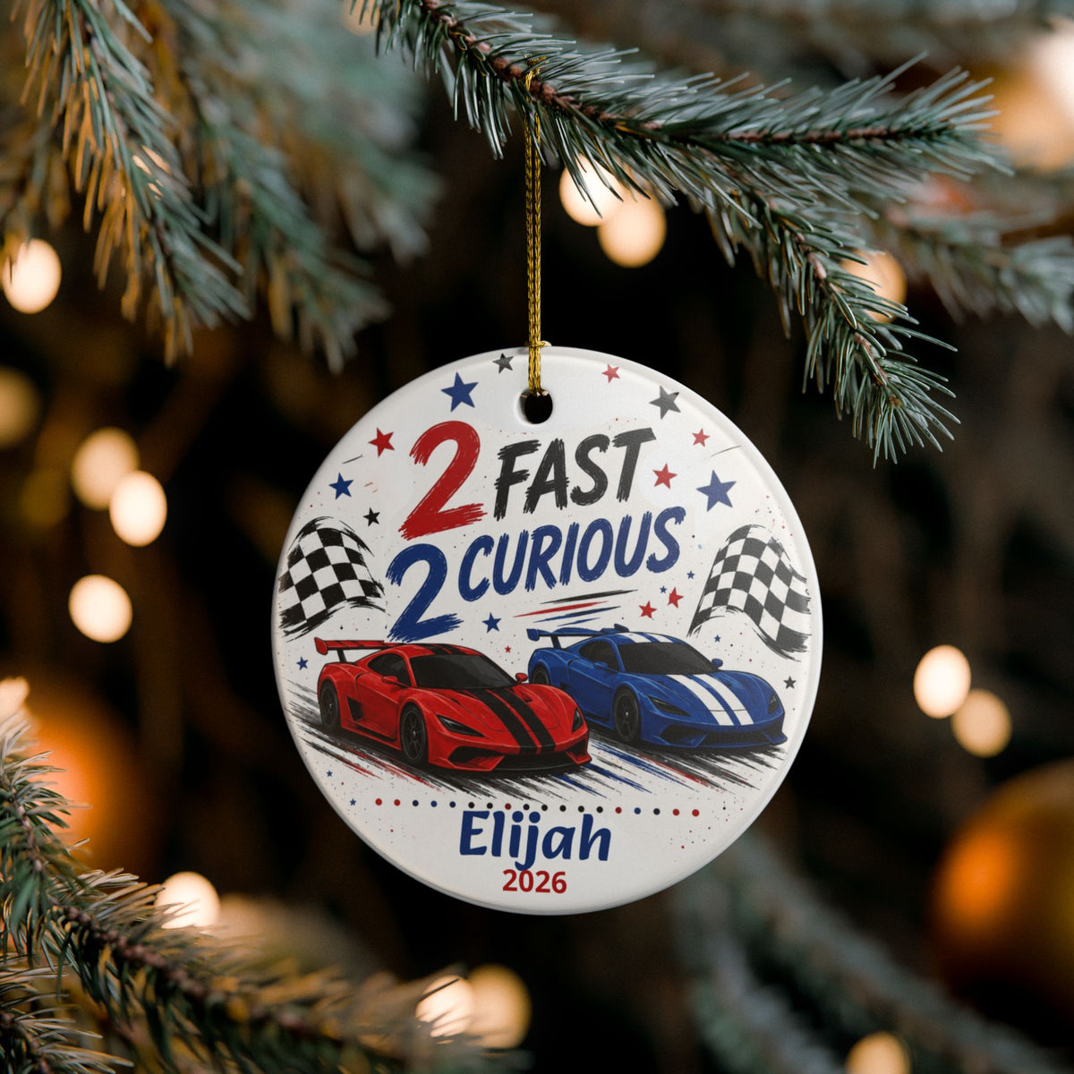 Two Fast Two Curious Ornament, Personalized 2nd Birthday Ornament, Race Car Birthday Keepsake, Boys Racing Birthday Gift, Name Year Ornament