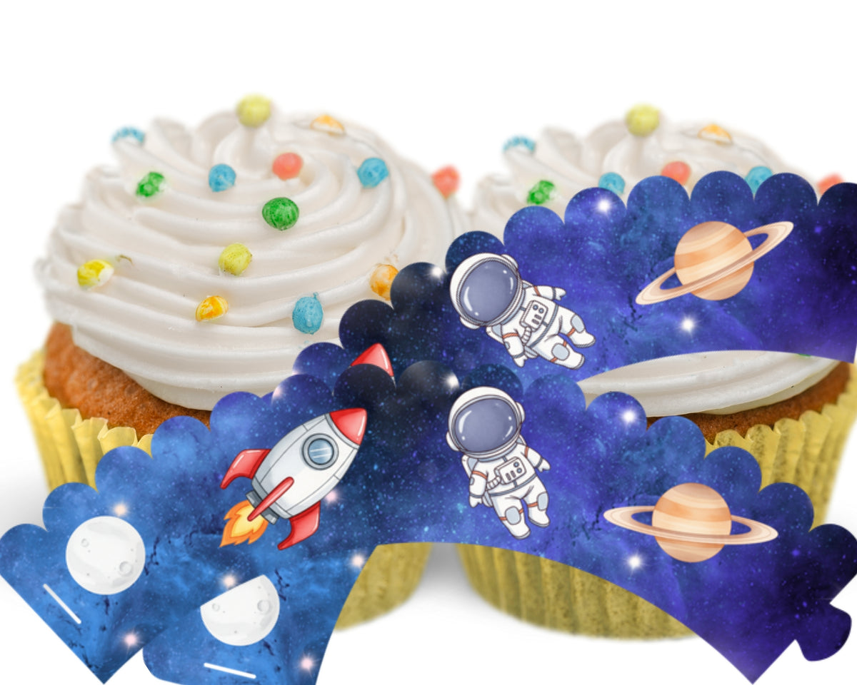 Cupcakes with space-themed decorations on a white background