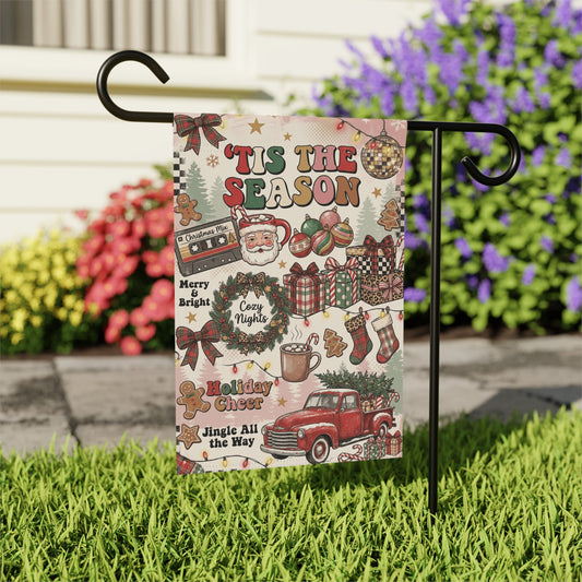 Tis the Season Christmas Garden Flag, Retro Santa Red Truck Flag, Leopard Plaid Holiday Yard Decor, Vintage Christmas Outdoor Flag