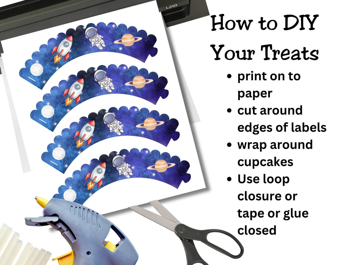 Instructions for DIY treats with space-themed cupcake wrappers, glue gun, and scissors on a white background.