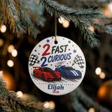 Two Fast Two Curious Ornament, Personalized 2nd Birthday Ornament, Race Car Birthday Keepsake, Boys Racing Birthday Gift, Name Year Ornament