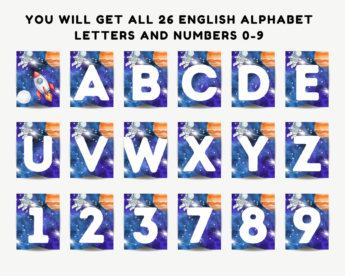 Space Alphabet Pennant Banner Set (A–Z + 0–9) – Astronaut Party Decor Printable
