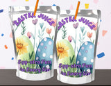 Two packages labeled 'Easter Juice' with colorful eggs and flowers on a white background.