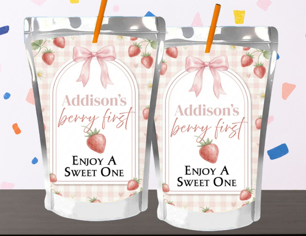 Two packaging pouches with strawberry design and text on a colorful confetti background