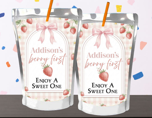 Two packaging pouches with strawberry design and text on a colorful confetti background