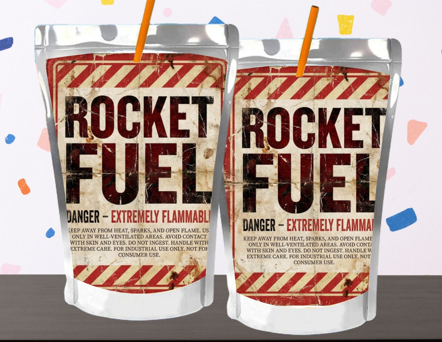 Two packages labeled 'Rocket Fuel' with flammable warning text on a colorful background.
