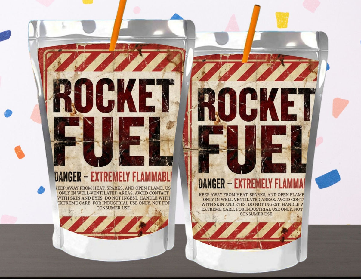 Two packages labeled 'Rocket Fuel' with flammable warning text on a colorful background.