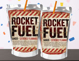 Two packages labeled 'Rocket Fuel' with flammable warning text on a colorful background.
