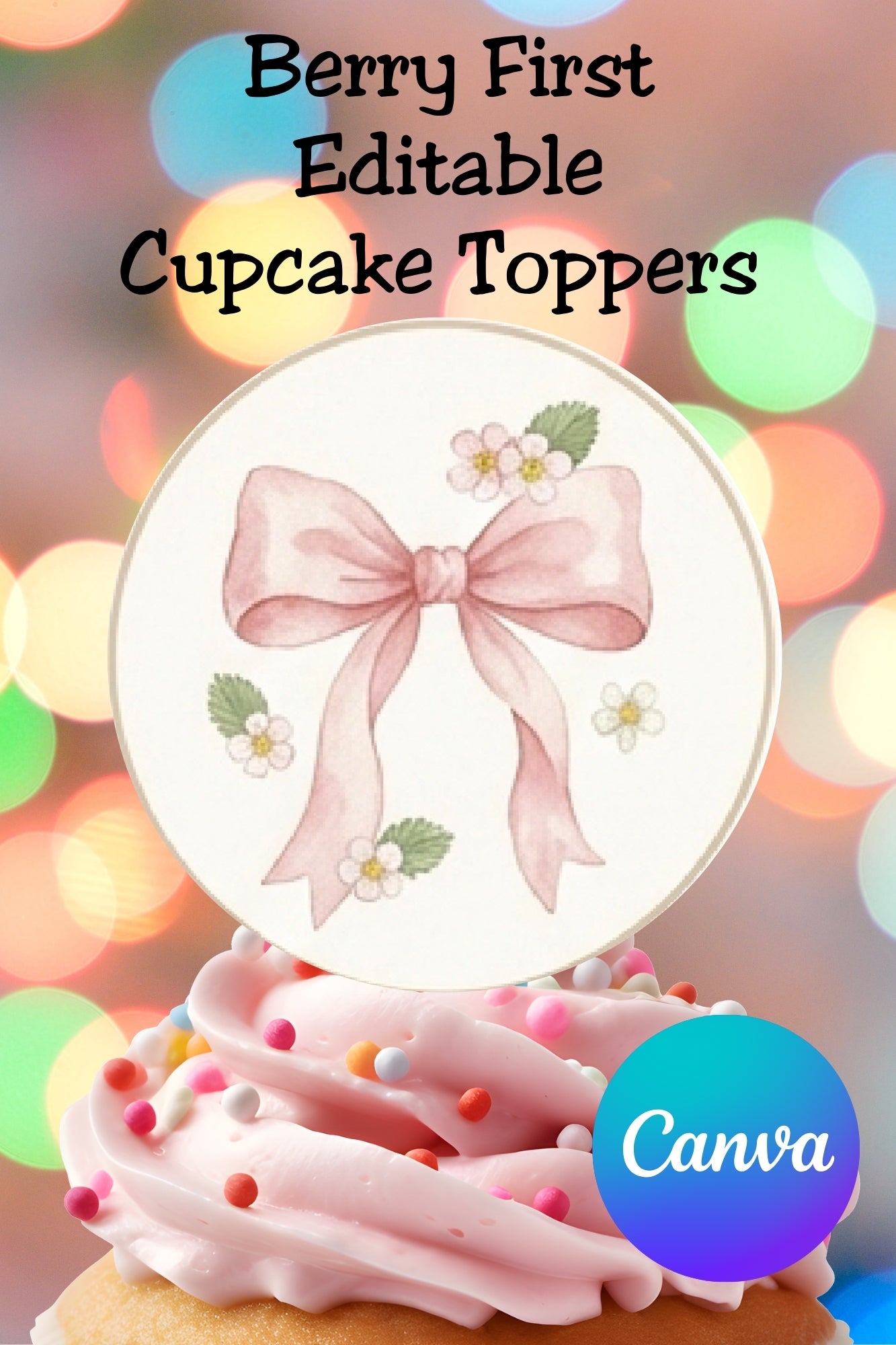 Planning a strawberry-themed first birthday? These berry first birthday cupcake toppers are the perfect finishing touch for your dessert table. Featuring soft pink bows, dainty daisies, and watercolor strawberries, this sweet one cupcake topper set includes editable name designs so you can personalize your party with ease. Simply edit in Canva, print, and create a beautiful berry 1st birthday party your guests will love.