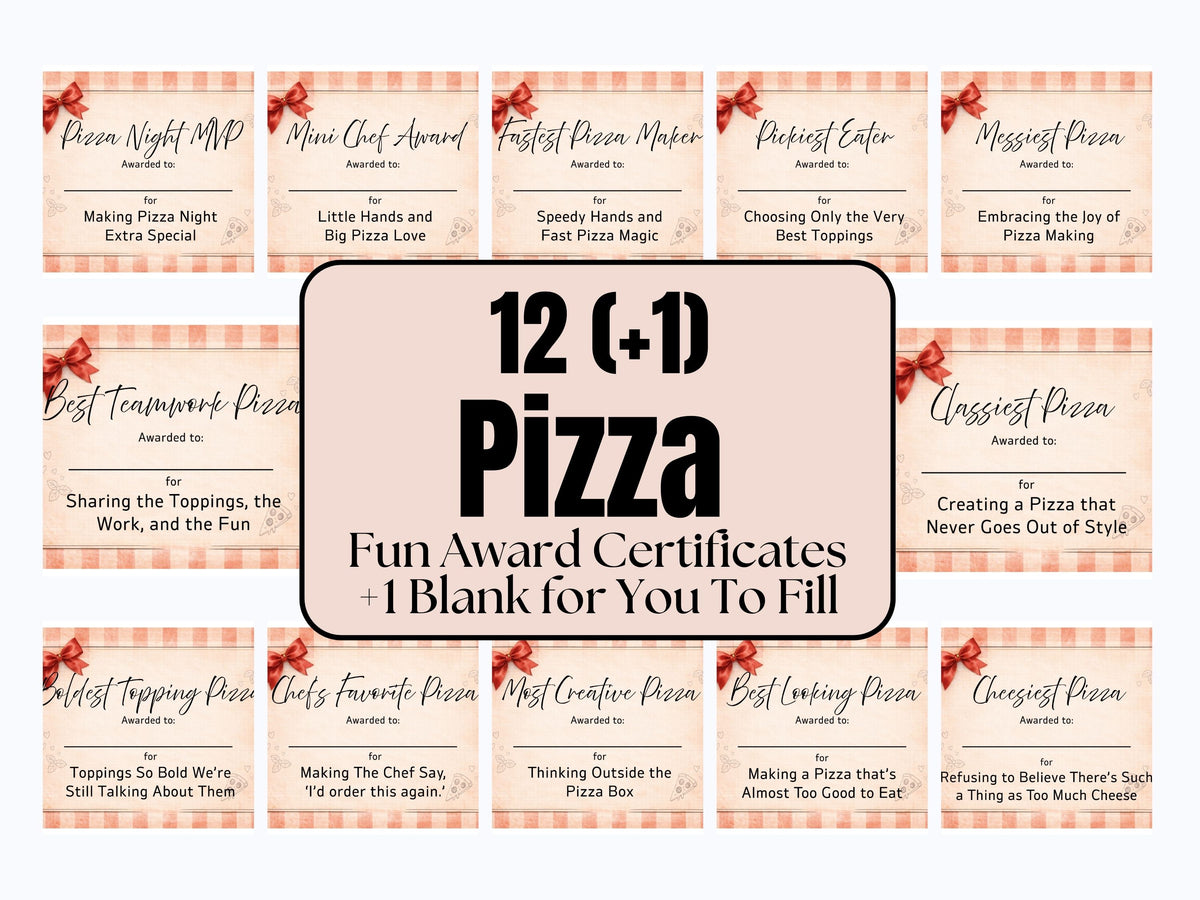 Collection of pizza-themed award certificates on a checkered background