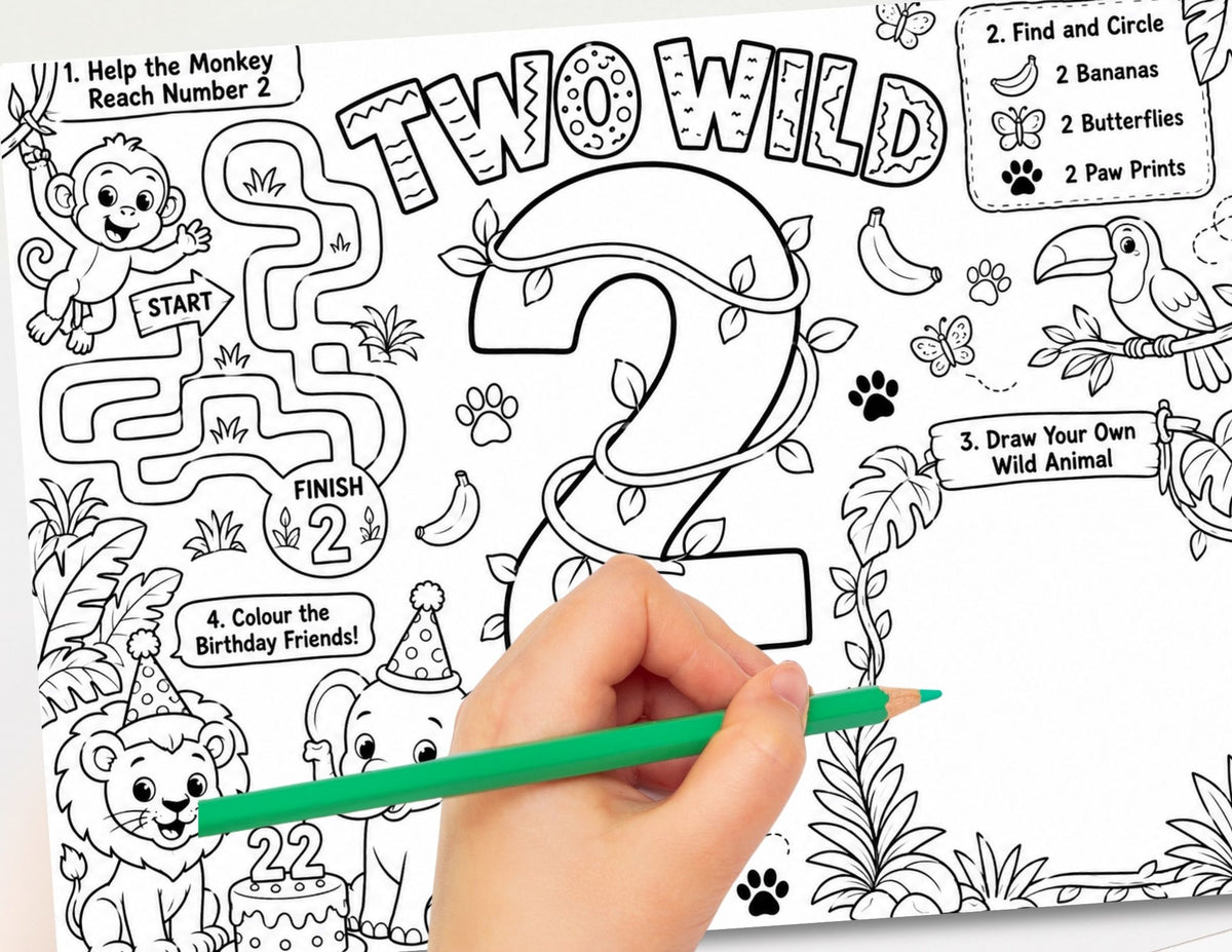 Two Wild Second Birthday Activity Placemat Printable, Jungle Safari Birthday Activity