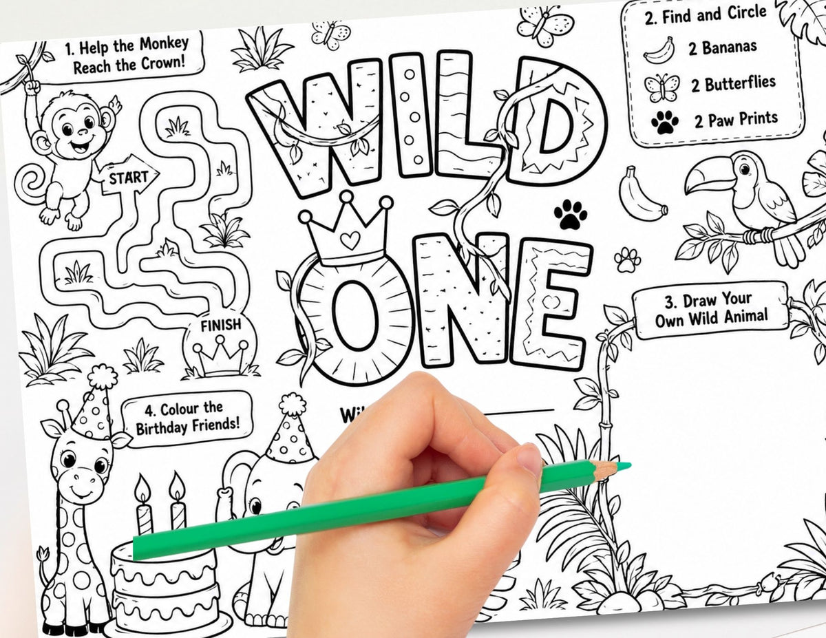 Wild One First Birthday Activity Placemat Printable, Jungle Safari Birthday Activity