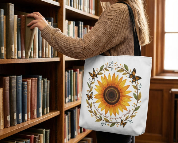 Inspirational Sunflower Tote Bag, Positive Affirmation Butterfly Bag, Motivational Quote Book Bag, Trendy Clipart Floral Tote