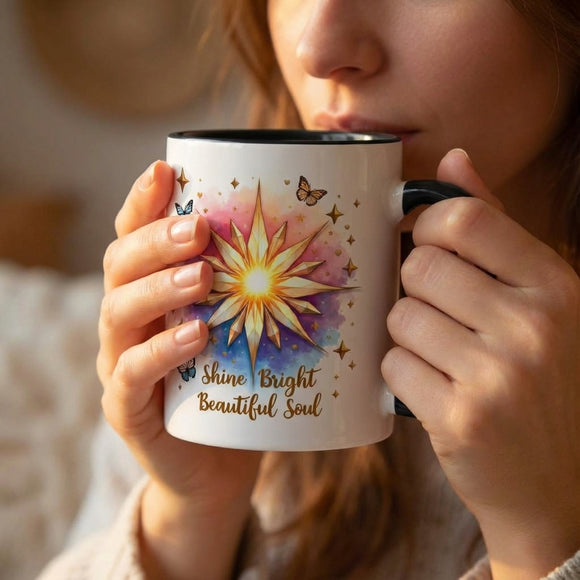 Shine Bright Beautiful Soul Inspirational Quote Mug, Positive Affirmation Butterfly Art, Motivational Trendy Clipart Coffee Cup