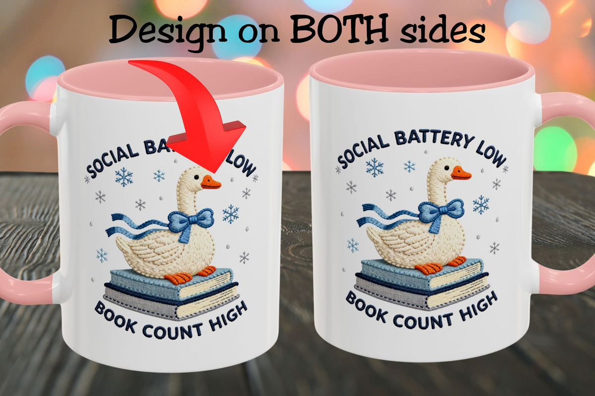 Book Lover Coffee Mug, Social Battery Low Book Count High Mug