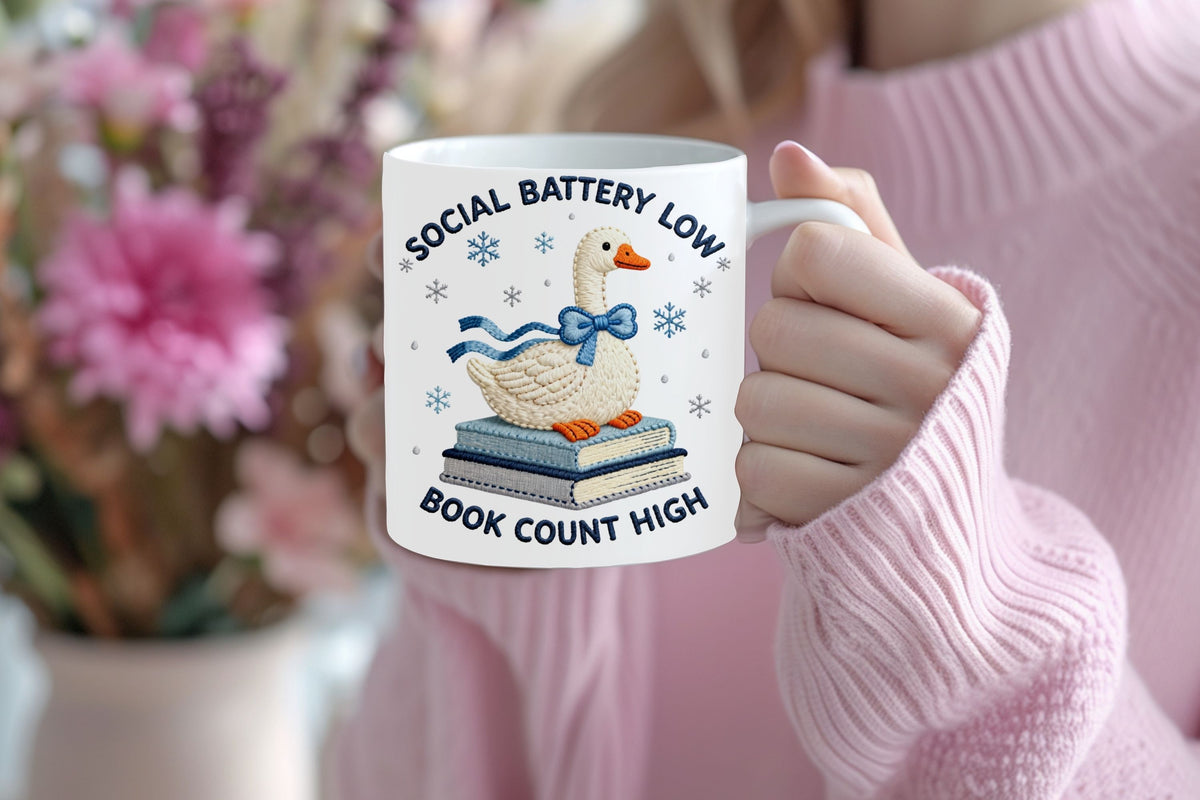 Book Lover Coffee Mug, Social Battery Low Book Count High Mug
