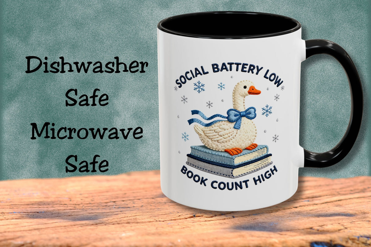 Book Lover Coffee Mug, Social Battery Low Book Count High Mug