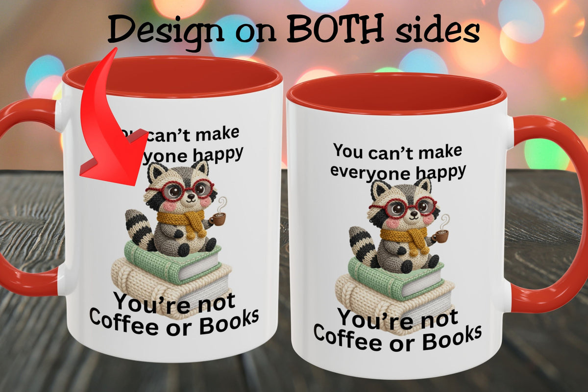 Two mugs with a raccoon design and text on a blurred background