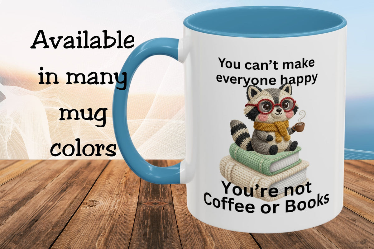 Mug with raccoon illustration and text on a wooden surface