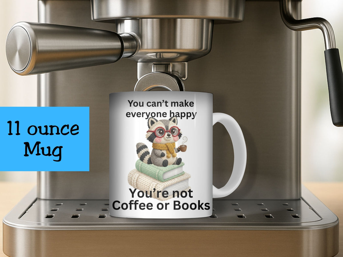 Mug with a raccoon design and text being filled with coffee from an espresso machine.